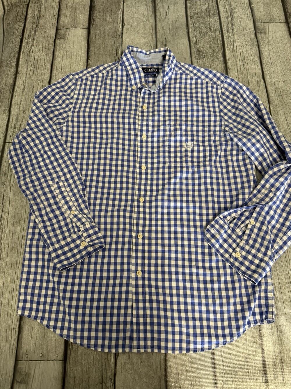 Men’s Chaps Blue Gingham Button Down Shirt Long Sleeve Sz Medium